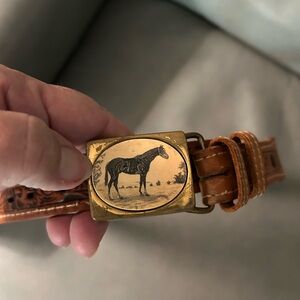 Brown Leather Belt with Brass Horse Buckle